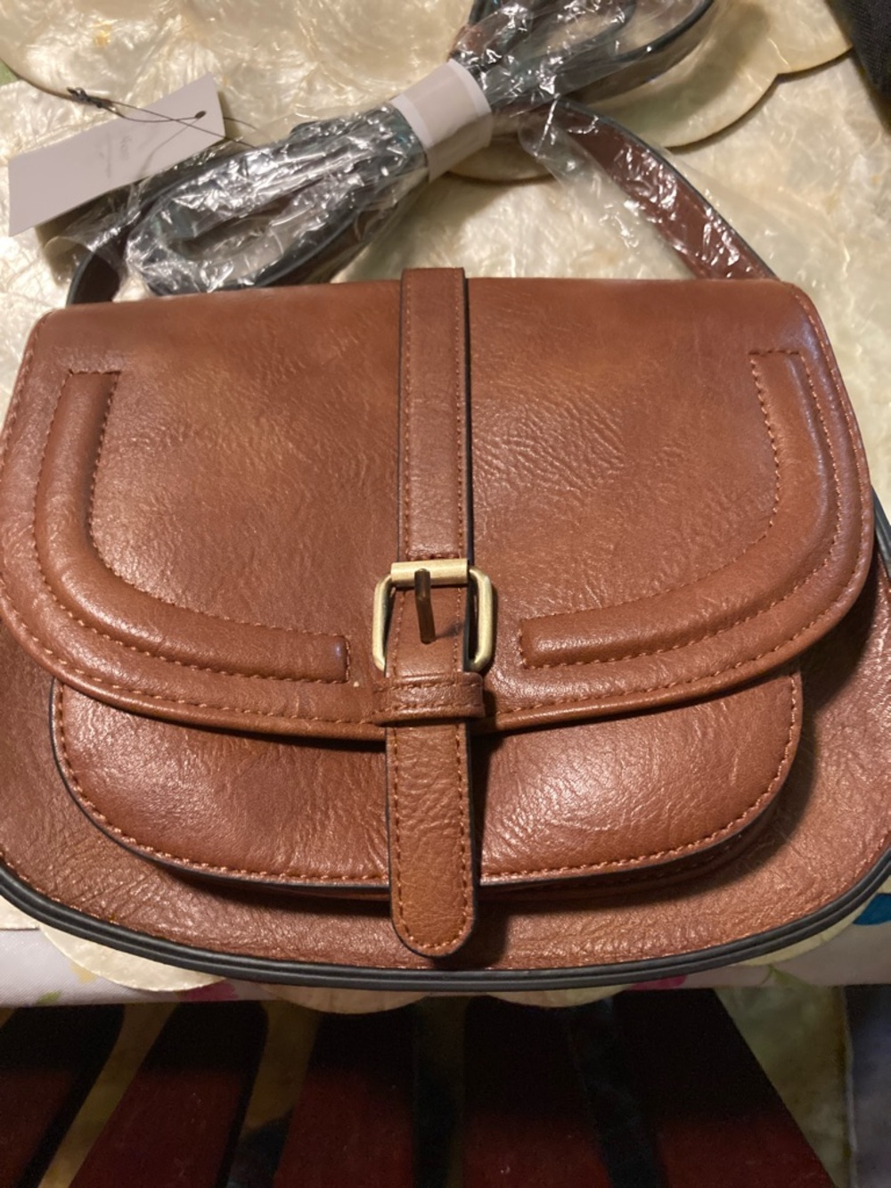 Classic Brown Faux Leather Saddle Crossbody Bag with Gold Buckle